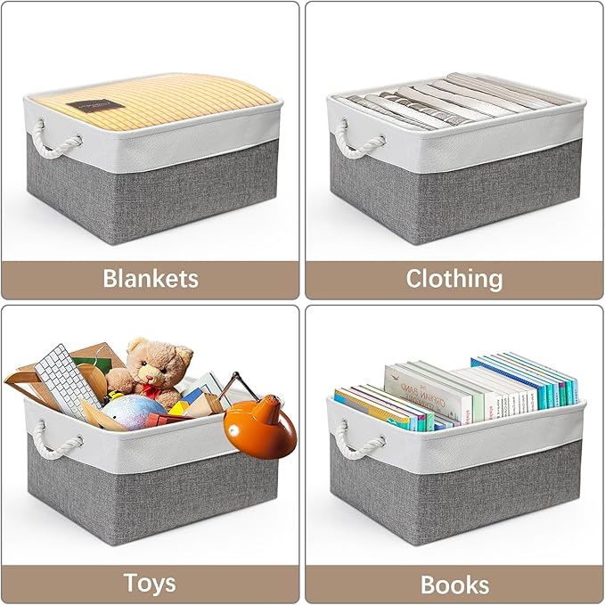 Fabric Storage Bins, 2 Pack Foldable Cube Baskets with Rope Handles, Large Collapsible Storage Cubes for Home, Office, Closet, Clothes, Books Organizer. (White and Gray, 2PCS/16*12.6*8.2inch)-NeatNest