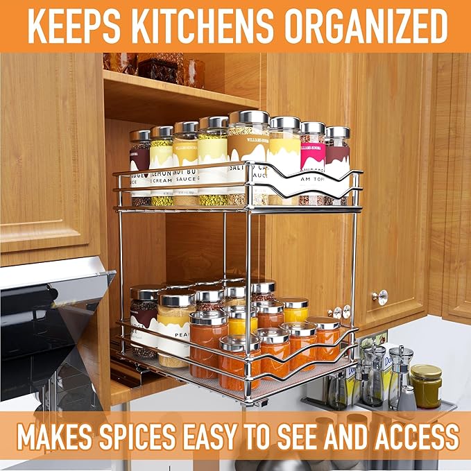 BBV Spice Rack Organizer, Double layer Seasoning Organizer for Cabinet Countertop, Kitchen, Pantry, Sliding Metal Chrome Spice Organization (9 inch)-NeatNest