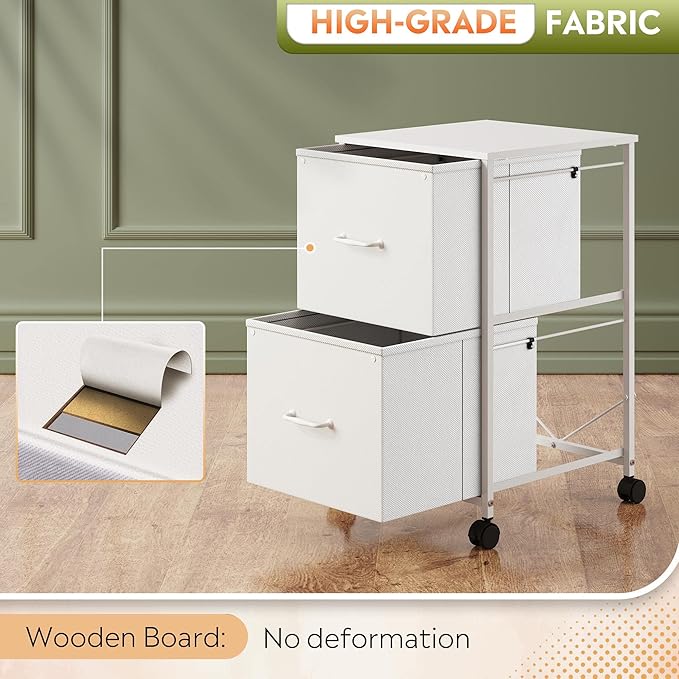 DEVAISE 2 Drawer Mobile File Cabinet, Rolling Printer Stand with Open Storage Shelf, Fabric Vertical Filing Cabinet fits A4 or Letter Size for Home Office, White-NeatNest