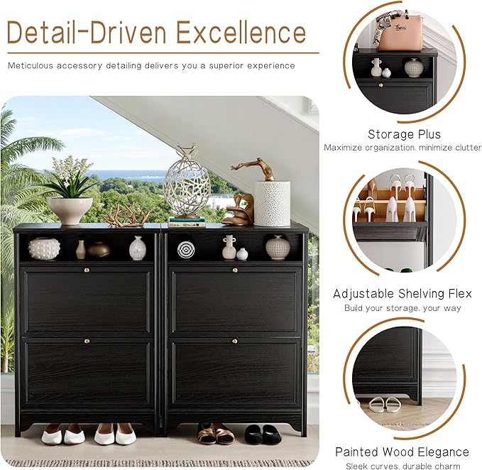 Chogori Solid Wood Shoe Storage Cabinet for Entryway - Narrow Freestanding Shoe Organizer with 2 Flip-Up Drawers, Hallway Shoe Rack with Sturdy Wooden Legs for Foyer, Living Room (1, Onyx Black)