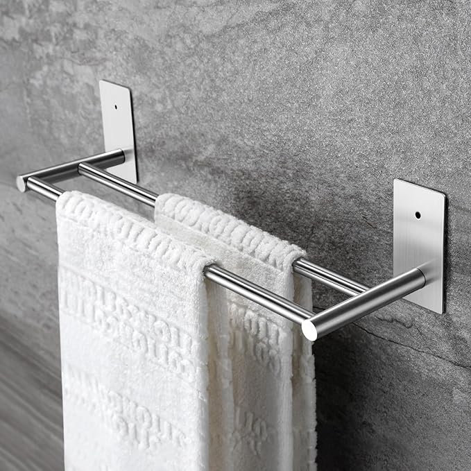 Taozun 16in Towel Holder for Bathroom, Double Towel Bar Self Adhesive or Drilling, Stick On Wall Towel Rack, SUS304 Stainless Steel