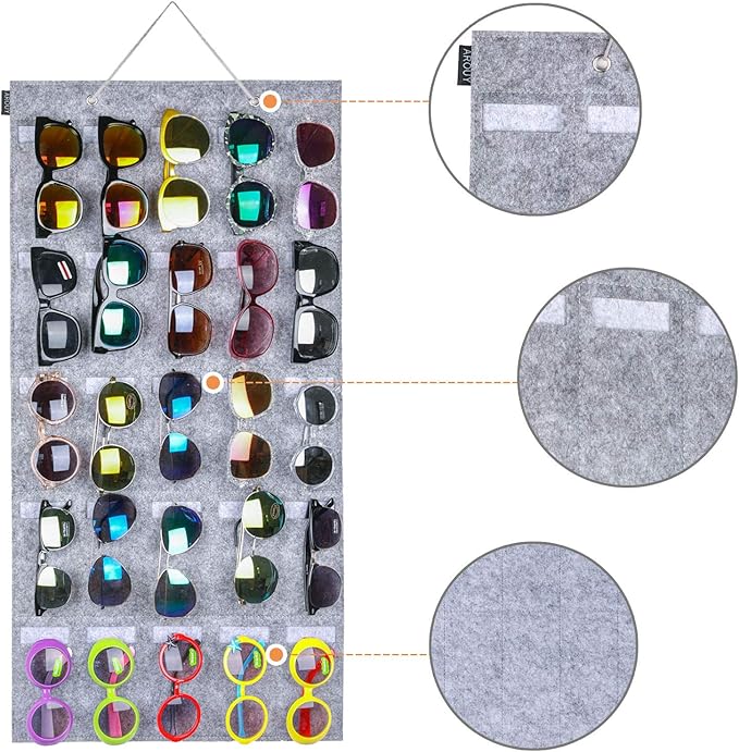 AROUY Sunglasses Organizer Storage, Hanging Wall Pocket Glasses Organizer - 25 Felt Slots Sunglass Organizer Holder Eyeglass Display with Sturdy Rope (Gray, Large)-NeatNest