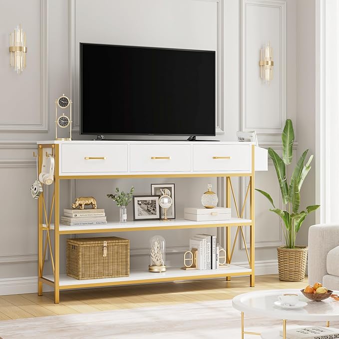 HITHOS 47.2" Console Table with 3 Drawers, Narrow Long Entryway Table with 3-Tier Storage Shelves, Industrial Sofa Foyer Table for Living Room, Hallway, Entry Way, Foyer, Kitchen, White/Gold-NeatNest