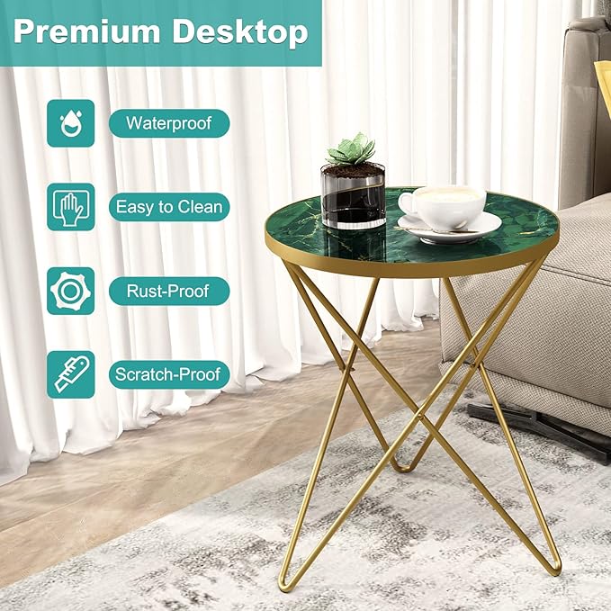 HLR Modern Round Side Table Set of 2, End Table with Marble Effect Top and Gold Metal Frame, Small Side Table for Living Room, Bedroom, Sofa and Couch, Gold Legs, Green Marble top