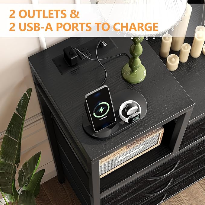 Jojoka TV Stand with Charging Station, Bedroom Dresser for Living Room TV Stand with 9 Drawers,(Black Willow)