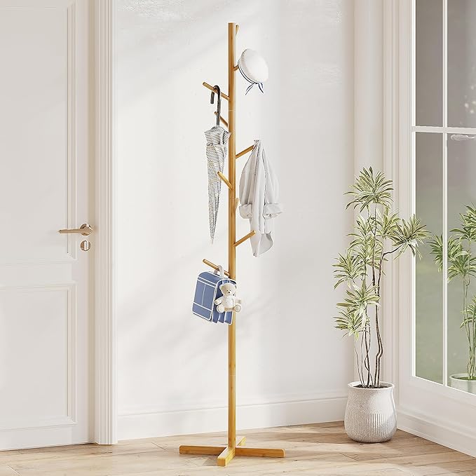 Bamboo Tree Coat Rack Stand, Freestanding kids Coat Tree with 9 Hooks 3 Adjustable Height for Child Adult, Coat Stand Tree Fits Entryway Bedroom Office for Bags Hats (64 inch height)-NeatNest
