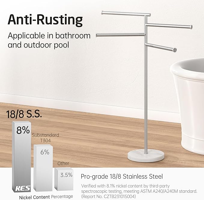 KES Free Standing Towel Racks for Bathroom, Towel Stand with Natural Marble Base, 40 Inch 4 Swivel Bars Floor Towel Rack Stand, Premium 18/8 Stainless Steel, Brushed Finish, BTH219S4-2