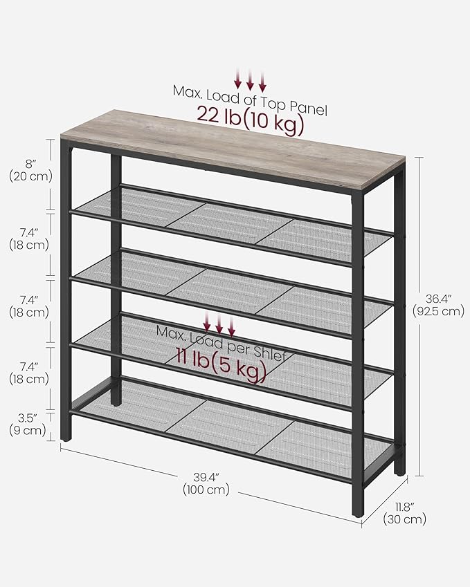VASAGLE INDESTIC Shoe Rack, Organizer for Closet with 4 Mesh Shelves and Large Top for Bags, Entryway Hallway Shelf, Steel Frame, Industrial, Greige and Black ULBS015B02, 11.8 x 39.4 x 36.4 Inches-NeatNest