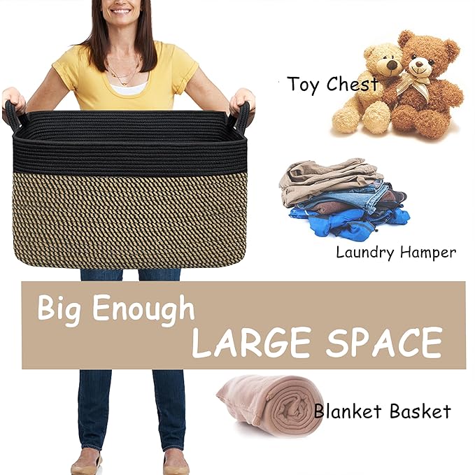 COMFY-HOMI Large Rectangular Blanket, Cotton Rope Woven for Storage, LaundryHamper, Storage,Toy Organizing Bin with Handle, Organizer and Storage-22x15x12-Black/Jute-NeatNest