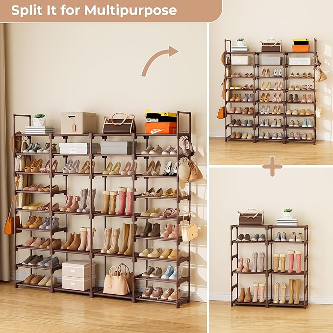 ROJASOP Large Shoe Rack Organizer for Entryway Closet 64-68 Pairs 9-Tier Heavy Duty Tall Garage Shoe Rack Shoe Shelf Shoes Storage with 18 Pcs Removable Side Hooks for Bedroom and Garage Brown-NeatNest