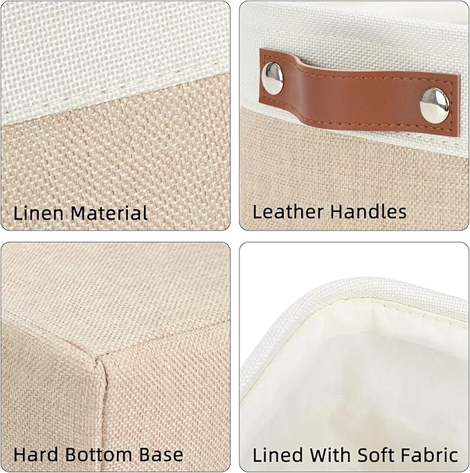 DULLEMELO Fabric Bathroom Storage Bin with Leather Handles, Narrow Organizer for Towels, Toilet Paper Rolls, Storage Basket for Back of Toilet, Vanities, Shelves & Cabinets (White&Khaki)-NeatNest