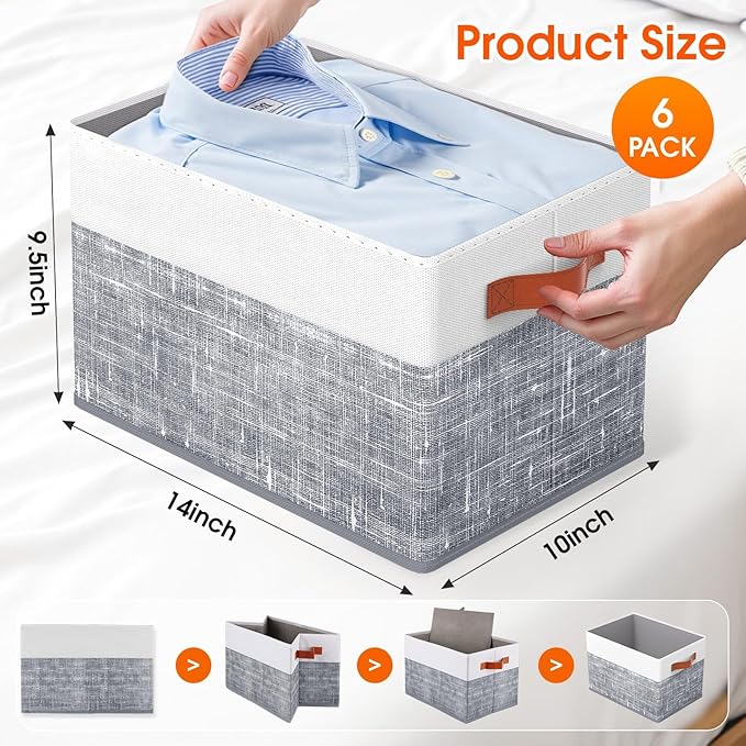 Fab totes Collapsible Storage Baskets for Shelves,14"x10", 6 Pack Foldable Fabric Storage Bins with Double Leather Handles, Large Baskets for Organizing Books, Clothes, White & Grey