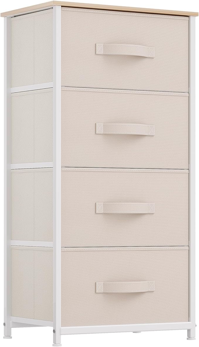 DWVO Storage Tower with 4 Drawers - Fabric Dresser, Organizer Unit for Bedroom, Living Room, Closets - Sturdy Steel Frame, Easy Pull Fabric Bins & Wooden Top (Cream White)-NeatNest