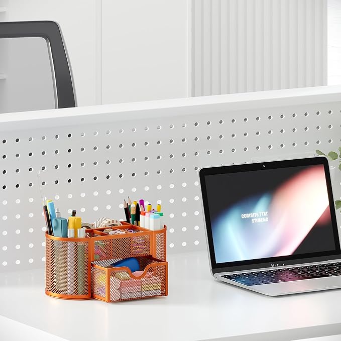 EasyPAG Mesh Desk Organizer, Multi-functional Stationery Organizer for School Supplies, Office Pen Holder for Desk, 9 Compartments Dorm Organization with Drawer, Orange