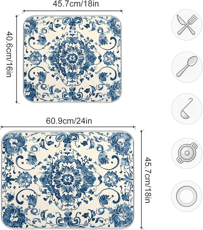 Absorbent Dishes Drainer Mat for Countertop Small Size 16 x 18, Microfiber Blue White Pattern Dish Drying Pads Kitchen Counter Draining Pad