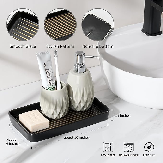 Bathroom Vanity Tray for Countertop,2PC Rectangle Striped Tray,Decorative Bathroom Organizer for Scrubber, Lotion Bottles, Perfume, Jewelry, Candle, Key Trinket Ring(Large,Black)-NeatNest