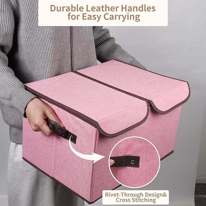 Foldable Fabric Storage Box with Double-Lid & Dividers, Large Organizer for Home, Closet, Office (Pink, 2 Packs)