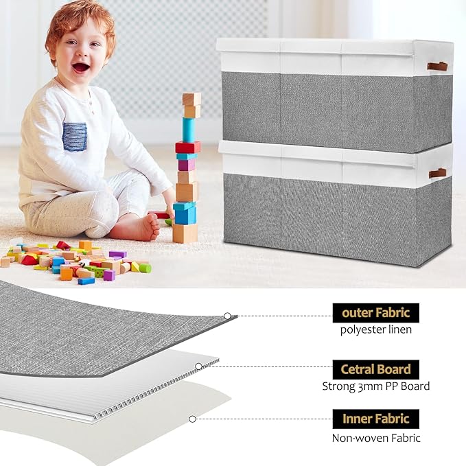 Extra Large Toy Storage Box with Lid, Sturdy Toys Storage Chest Bin Organizer Basket with Dividers for Kids, Boys, Girls, Nursery, Closet, Bedroom, Playroom 35.5"x17" x17"(Grey and White)-NeatNest