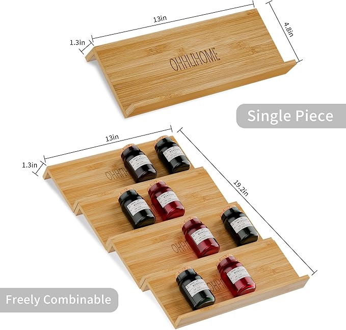 Bamboo Spice Drawer Organizer - 4 Pack 13"x4.7"x1.6" Spice Rack Tray - Spice Jars Drawers Insert - Seasoning Organizer for Drawers/Countertop (Jars not included)…-NeatNest
