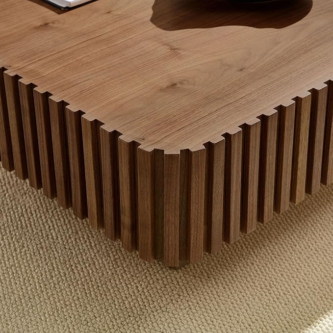 35.43" Square Fluted Drum Coffee Table, Handcrafted Accent Table Modern Contemporary Pedestal Coffee Table for Living Room Small Space - Walnut