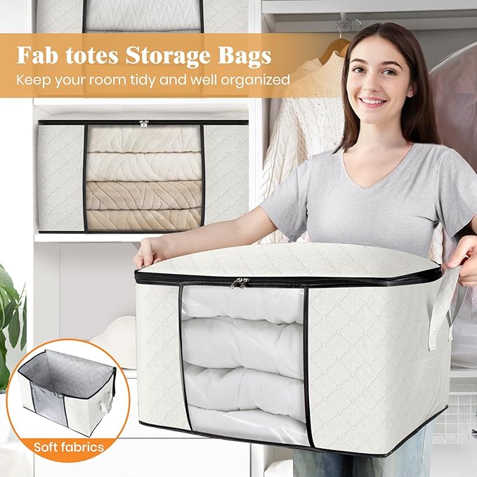 Fab totes 6 Pack Clothes Storage, Foldable Thick Fabric Blanket Storage Bags, Containers for Organizing Bedroom, Closet, Clothing, Comforter,Organization with Handle,Ivory White-NeatNest
