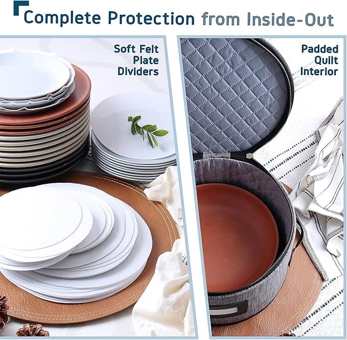 Fine China Storage Containers, 5 Piece Quilted Dish Storage Containers, Mug, Cup, and Plate Dish Organizer with Felt Dividers, Service of 12 Dinnerware Boxes for Moving, Seasonal Organization, Grey-NeatNest