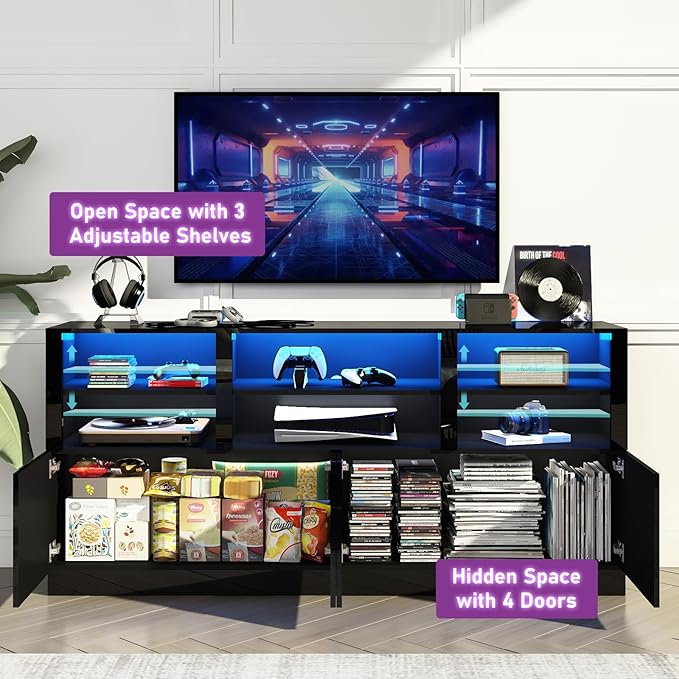 32'' Tall Black TV Stand for 65/75/80/85 Inch TVs with RGB LED Lights,Modern High Gloss Entertainment Center Cabinet Stands with Storage Shelves and Doors,TV Media Console Table for Living Room-NeatNest
