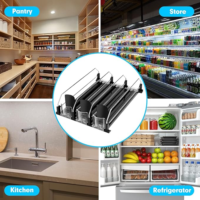 Drink Dispenser for Refrigerator, Self-Pushing Soda Can Organizer for Fridge, 3 Rows has been Assembled, Automatic Can Organizer with Spring Loaded for Refrigerator Holds 12 cans, Black