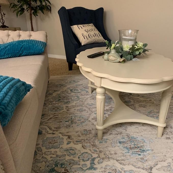 KEVINSPACE 50" Oval Coffee Table for Living Room, 2-Tier Solid Wood Victorian Antique Ellipse Center Table with Storage Shelf, Traditional Elegant Vintage Style White