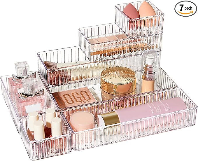 Vtopmart 7 PCS Clear Drawer Organizers Bins, 4-Size Stackable Makeup and Vanity Drawer Organizer Trays, Acrylic Bathroom Drawer Storage Containers for Cosmetic, Office Supply, Kitchen Utensils Gadgets-NeatNest