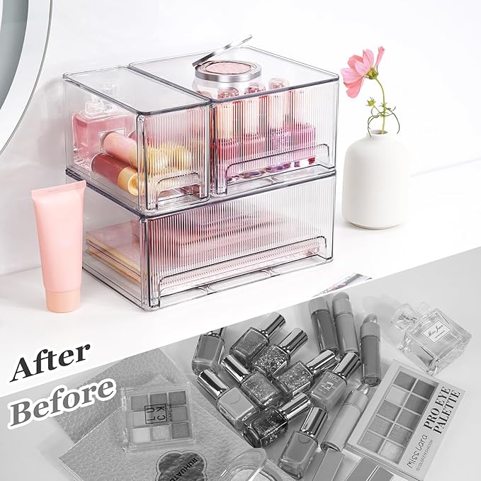 Clear Stackable Makeup Organizer, 3 Pack Plastic Drawer Storage with Handle for Vanity Bathroom Countertop, Transparent-NeatNest