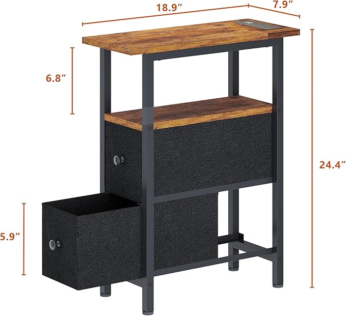 End Table with Charging Station, Narrow Side Table with 2 Fabric Drawers, Skinny Nightstand with LED Light, Slim Bedside Table for Bedroom, Living Room, Small Spaces, Rustic Brown and Black