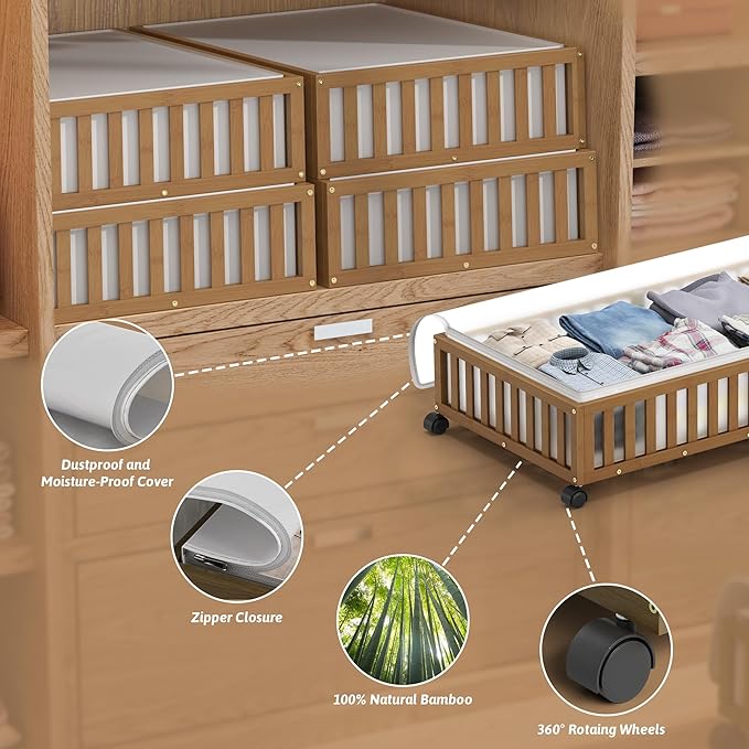 Bamboo Under Bed Storage Containers with Wheels, 2 Pack Large Under the Bed Shoe Storage Bins, Wood Rolling Underbed Drawers Organizer for Bedroom Closet Clothes Blanket Under Crib Toy Walunt-NeatNest