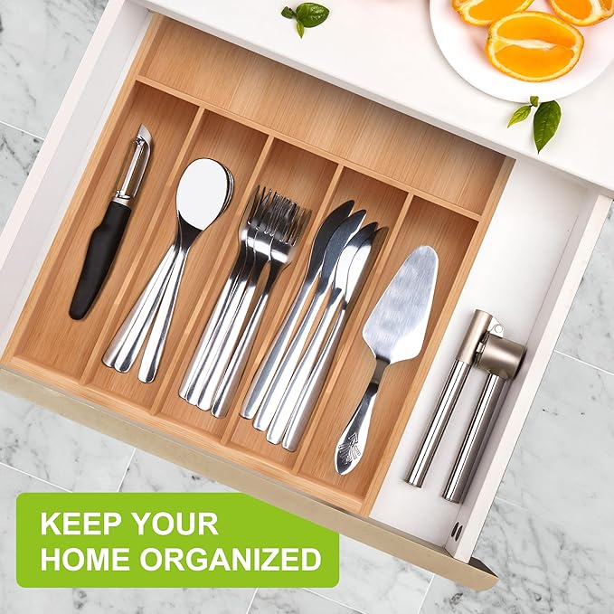 Bamboo Utensil Drawer Organizer, Silverware Tray Organizer, Kitchen Drawer Organizer for Flatware Cutlery, Silverware Tray for Drawer (brown, Large 16.5x12.3 Inch)-NeatNest