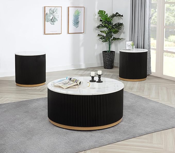 kevinplus ΓΈ38'' Faux Marble Top Coffee Table Round Circle Coffee Table with Wheel for Living Room, Modern Luxurious Wooden Base Gold-Finished Style, Easy Assembly, Black & Gold & White