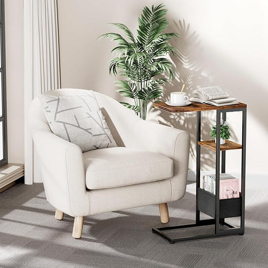 C Shaped End Table, Small Side Table for Couch, Recliner, Slide Under Sofa Tray Desk Snack Tables with Storage Bag for Living Room,Bedroom, Small Spaces - Rustic Brown-NeatNest