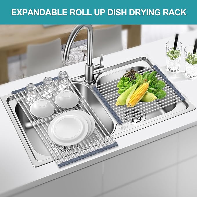 BBXTYLY Extra Expandable Roll Up Dish Drying Rack,Over The Sink Drying Rack Sink Cover Kitchen Sink Accessories Kitchen Rolling up Stainless Steel Drainer, Foldable,Rollable(Gray,22.8''-12.4'')