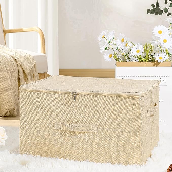 ANMINY 3PCS Storage Bins with Zipper Lids 36 Qt Lidded Fabric Storage Boxes Baskets Cubes with Handles Collapsible Washable Cotton Linen Closet Shelf Clothes Organizer Containers - Beige, Large-NeatNest
