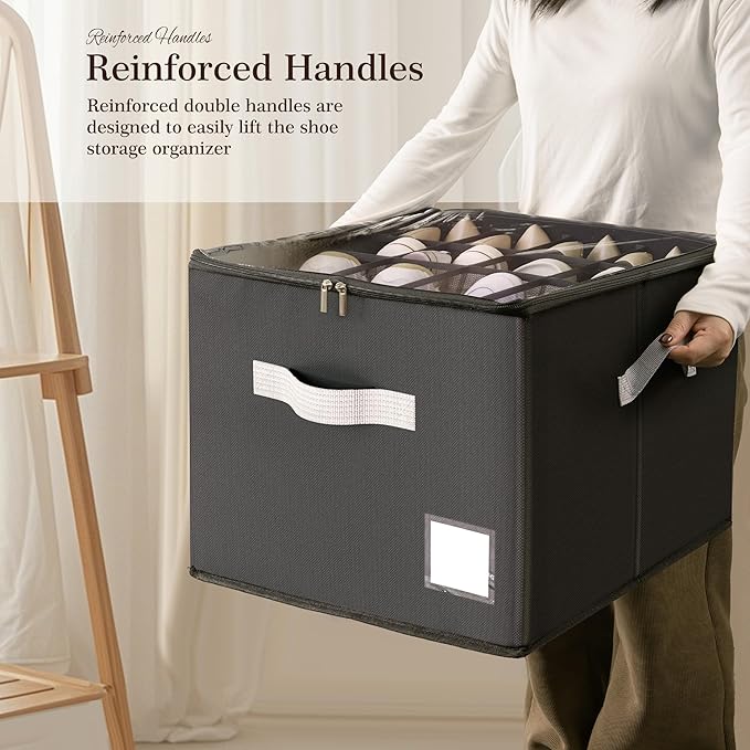 Criusia Shoe Organizer for Closet, Foldable Shoe Storage Organizer with Clear Cover and Sturdy Handles, Fit 12-16 Pairs, Closet Organizer for Shoes Sneakers Sandals Heels, 2 Pack, Black-NeatNest