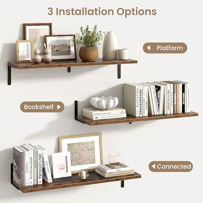 Fun Memories Deep Floating Shelves, 32W x 8D Floating Shelves Set of 2, Wall Mounted Shelf with Metal Brackets, Rustic Wood Wall Shelf for Bathroom, Kitchen and Living Room, Rustic Brown-NeatNest