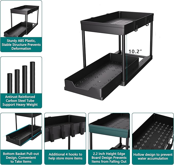 Under Sink Organizer 2 Pack, Bathroom Cabinet Organizer, 2 Tier Sliding Cabinet Basket Organizer Drawer, Multi-Purpose Bath Collection Baskets for Bathroom (Black)-NeatNest