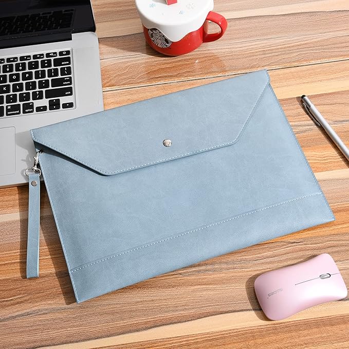 Wonderpool Envelope Case A4 PU Leather File Jacket Pocket Folder Document Case Bag with Removable Hand Strap and 4 Pocket for Documents Tablet Phone Stationery (Sky Blue)