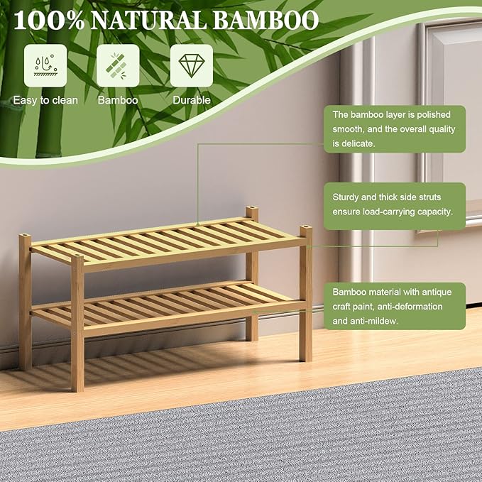 (Thick Bamboo Shoe Rack for Entryway, 2-Tier Free Standing Shoe Racks Stackable Shoe Rack Organizer for Hallway Closet Living Room 27 x12 x14 Inches-NeatNest