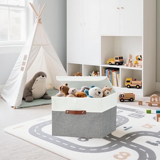 DECOMOMO Fabric Storage Bins with Lid, Storage Baskets for Shelves Toy Box (Grey and White, 3 Pack)-NeatNest