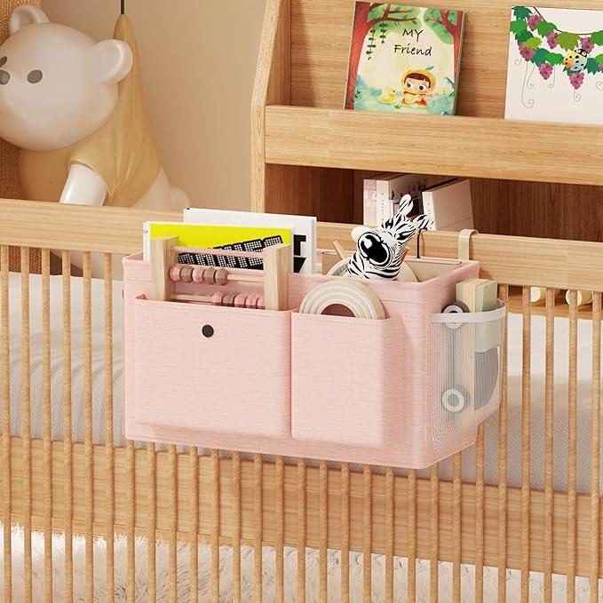 Bedside Caddy Bedside Organizer with Fixed Straps & Water Bottle Holder, Bunk Bed Caddy ideal for Home, Dorm, Hospital, Crib, Versatile Bedside Storage Solution (Pink 2pcs)-NeatNest