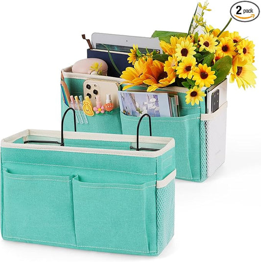 Bedside Caddy Bedside Storage Organizer Hanging Bunk Bed Dorm Room with Side Pockets for Water Bottles, Books, Cell Phones, Headphones 2 Pack (Light Blue)-NeatNest