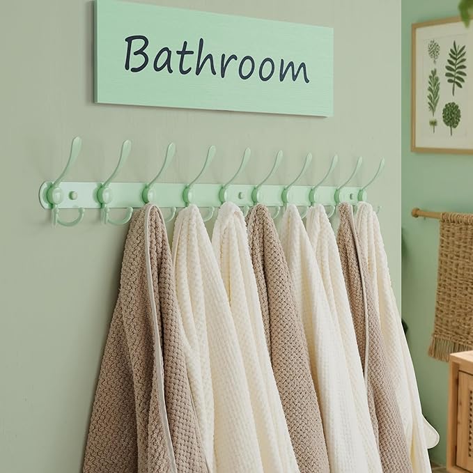Dseap Coat Rack Wall Mount - 38” Long 10-Tri-Hooks Heavy Duty Coat Hanger Rail Wall Hooks for Hanging Coats Hats Clothing Clothes Purse Mudroom Entryway, Green, Pack of 2-NeatNest