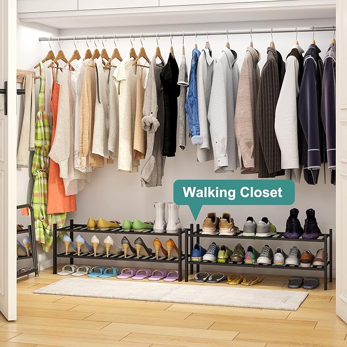 Black Shoe Rack, 2-Tier Long Shoe Rack for Entryway, Bamboo Wood Shoe Shelf for Closet & Hallway, Long 33IN | Beautiful | Functional | Sturdy | Durable-NeatNest