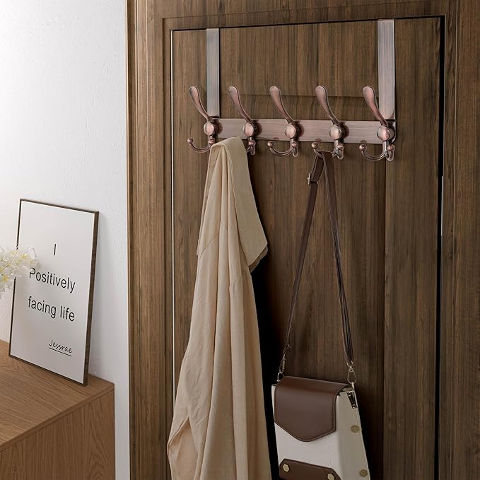 Dseap Over Door Hook 2.0 - Upgraded Version - Simple-Assembly, Strong, Heavy-Duty Stainless Steel 5-Tri-Hook Over The Door Hanger Rack, SimpleStrong Series, Antique Copper