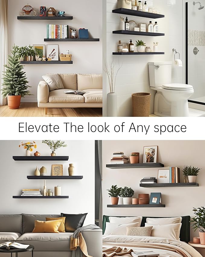 BAYKA Floating Shelves for Wall, 36 inches Long Wall Mounted Rustic Wood Shelves for Bathroom, Bedroom, Living Room, for Books/Storage/Decor with 30lbs Capacity๏ผBlack,Set of 3-NeatNest